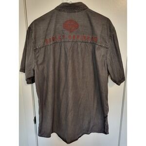 Harley Davidson Gray Embroidered Short Sleeve Shirt Black Snaps Mens Size Large